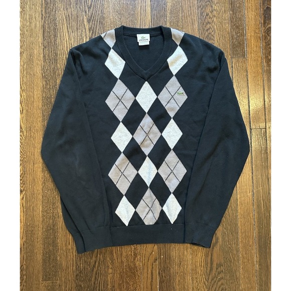 Lacoste Sweater Mens‎ Large 5 Black Argyle Diamond V-Neck Pullover Jumper - Picture 1 of 8
